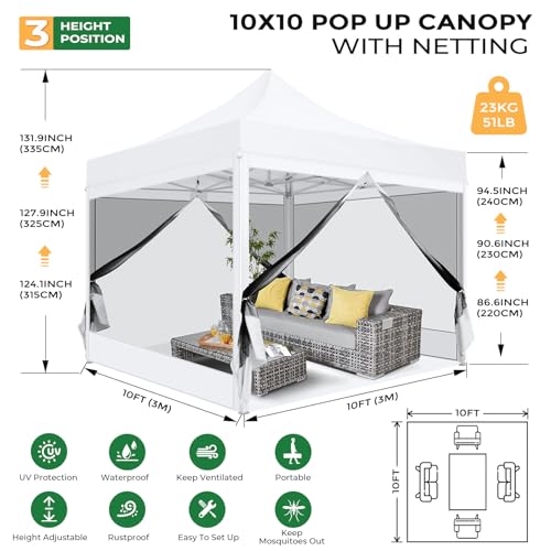 COBIZI 10x10 Heavy Duty Pop Up Canopy with 4 Mosquito Netting Wall, Easy Set Up Commercial Gazebo Party Tent, Outdoor Instant Screen Canopy for Backyard, Patio, Garden, White - color: White, size: 10x10ft