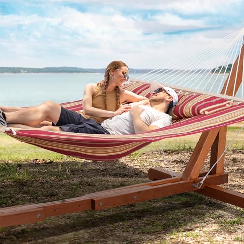 SUNCREAT Outdoor Hammock with Stand, Two Person Quilted Fabric Hammock Swing with Adjustable Wooden Stand, Red Stripes - color: Quilted-red Stripes