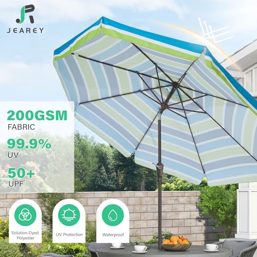 JEAREY 9 FT Patio Umbrella Outdoor, Table Umbrellas Market Umbrella w/Push Button Tilt/Crank, 8 Sturdy Ribs(Blue Green Striped) - color: Blue Green Striped
