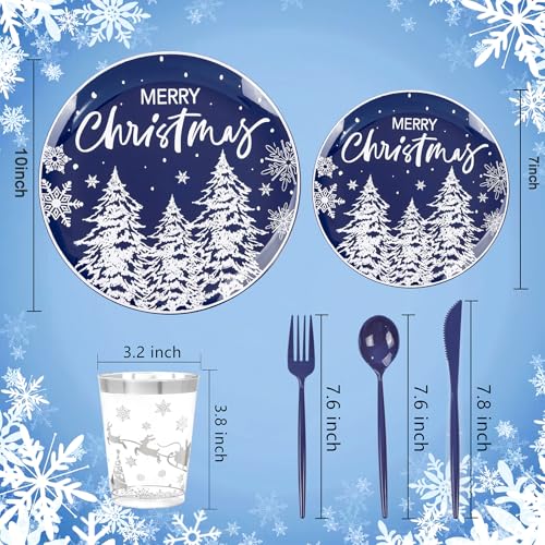 Supernal 150pcs Blue Christmas Plastic Plates - Christmas Party Tableware Set Include Blue Plastic Plates with White Xmas Trees, Heavy Duty Silverware Disposable, Silver Cups for New Year - color: 150pcs Blue and White Christmas Plastic Dinnerware Set