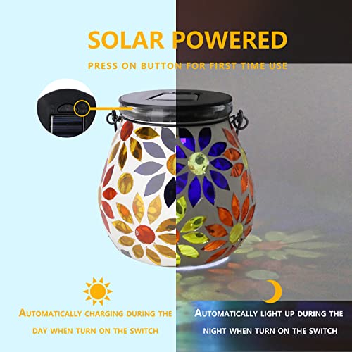 Afirst Mosaic Solar Lanterns Outdoor - Glass Hanging Solar Lights Hollow Out Waterproof Table Lamp Outdoor Decorative for Garden, Patio, Holiday Party Outdoor Decoration - style: Daisy