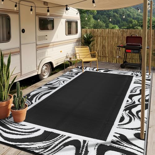 Garvee 8x10 Waterproof Black and White Outdoor Rug Waterproof Weather Resistant Plastic Straw Patio Rug Reversible Large Outdoor Carpet for Picnic, Backyard, Beach, Deck, Camper, Balcony, Black White - color: Black White, size: 8' x 10' (Rectangular)