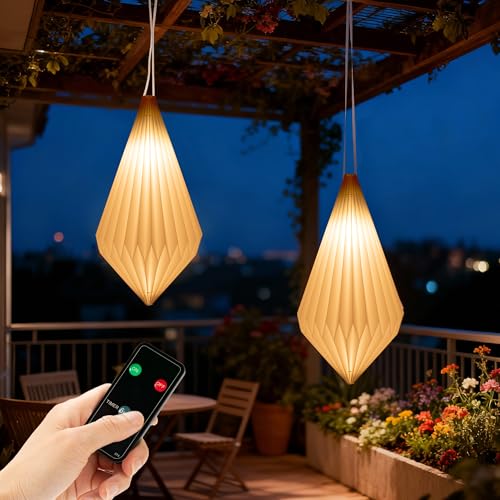 Battery Operated Outdoor Paper Lantern for Patio & Garden — Waterproof Hanging Decorative Light with Remote Timer, Foldable Paper Lantern with String for Backyard, Porch Decor - style: Geometric-1pc