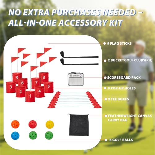 Bucket Yard Golf Game with Clubs 9 Hole Set Portable Low Tide Golf Game for Beach Backyard Lawn with 2 Golf Outdoor Indoor Golf Chipping Games for Adults Family Club Party(Red, 9 Bucket) - color: Red, size: 9 Bucket