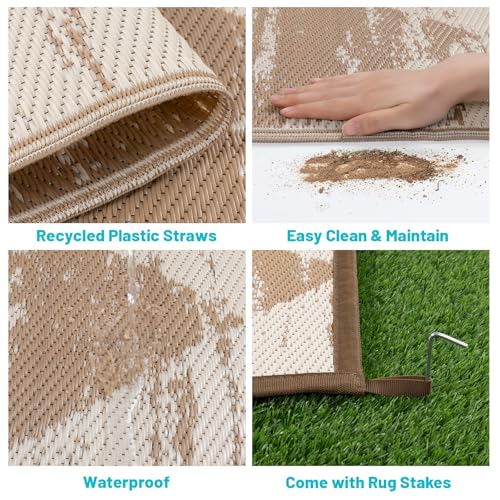 HEBE Checkered Outdoor Rug Waterproof 8x10, Reversible Plastic Straw Rug RV Camping Rug, Indoor Outdoor Patio Mat Clearance, Outside Carpet for Porch, Deck, Camper, Balcony, Backyard, Picnic - color: Light Beige, size: 8' x 10' (Rectangular)