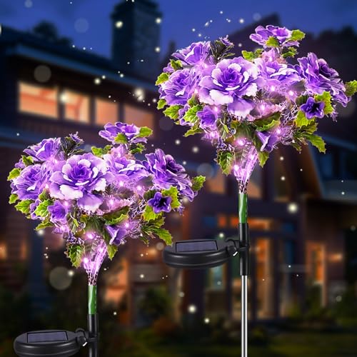 Neporal Solar Light Outdoor - 2 Pack Solar Garden Lights with Purple Carnation Solar Flowers, Solar Lights Outdoor Waterproof IP65, Solar Outdoor Lights Decorative for Outdoor Garden Decoration. - size: 2PK Purple