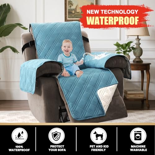 PrinceDeco Recliner Cover 100% Waterproof Couch Cover Sofa Cover for Living Room Water Resistant Furniture Protector with Elastic Straps for Pets Dog(Recliner28,Smoke Blue) - color: Smoke Blue, size: Recliner