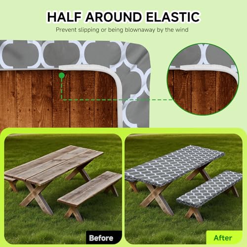 Picnic Table Cover with Bench Coversa nd Bag, Waterproof Windproof Elastic Fitted Tablecloth for 6 Foot Rectangle Tables，Washable with Elastic Edges for Outdoor Camping(Gray Moroccan, 30"x72") - color: Gray(moroccan)