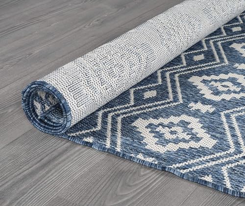 Beverly Rug Waikiki Boho Indoor Outdoor Rug 5x7, Washable Outside Carpet for Patio, Deck, Porch, Bohemian Area Rug, Farmhouse Rugs, Aztec Tribal Rug, Azure and White - color: Boho - Azure / White, size: 5' x 7' (Rectangular)