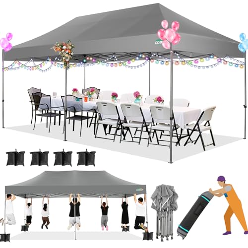 COBIZI 10x20 Heavy Duty Pop up Canopy Tent Easy Up Commercial Outdoor Canopy Wedding Party Tents for Parties All Season Wind & Waterproof Gazebo with Roller Bag,Grey(Frame Thickened) - color: Gray, size: 10x20 Without Sidewalls