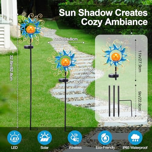 Solar Lights Outdoor Garden Decor, Blue Metal Sun Crackle Glass Globe Stake Waterproof 30LED Decorations Unique Gifts for Women,Mom,Outside, Patio,Lawn,Yard,Pathway - color: Sun Light
