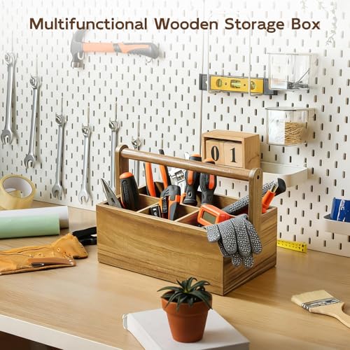 Acacia Paper Plate Dispenser, Paper Plate Holders with Handle, Picnic Silverware Caddy for Party, Cutlery Holder for Countertop, Wood Utensil Organizer for Home Kitchen & RV