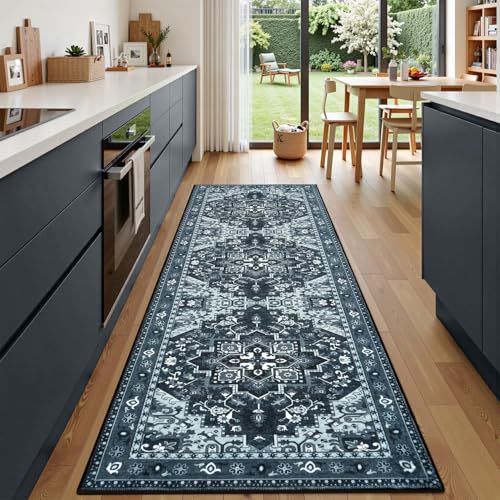 Rugflix Washable Vintage Runner Rug, 2x6 Kitchen Area Rugs with Non Slip Backing, Hallway Runners for Entryway,‎ Laundry and Bedroom, Indoor Stain Resistant Long Carpet, Dark Navy Blue - color: Blue, size: 2' x 6' (Runner)