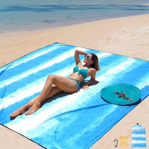 AISPARKY Beach Blanket Waterproof Sandproof Extra Large, Oversized Beach Mat, Quick Drying&Compact&Lightweight, Picnic Blankets Vacation Essentials for Outdoor Beach Camping (79" X 83" (4 Person)) - color: Blue White - Stripes, size: 6'11" x 6'7"