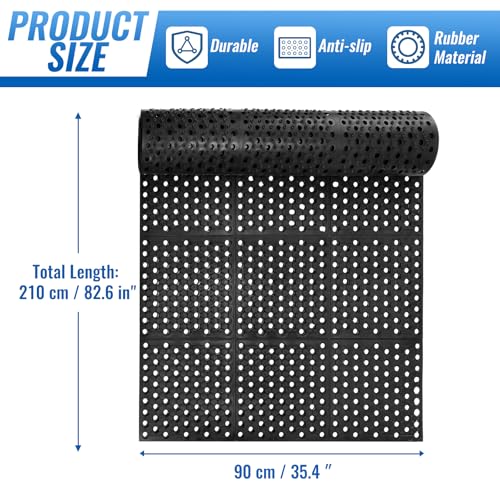 82.6 x 35.4 Inch Non-Slip Commercial Anti-Fatigue Drainage Rubber Mat Roll, Heavy Duty Rubber Floor Mat with Holes for Restaurants, Bars, and Wet Areas, Black
