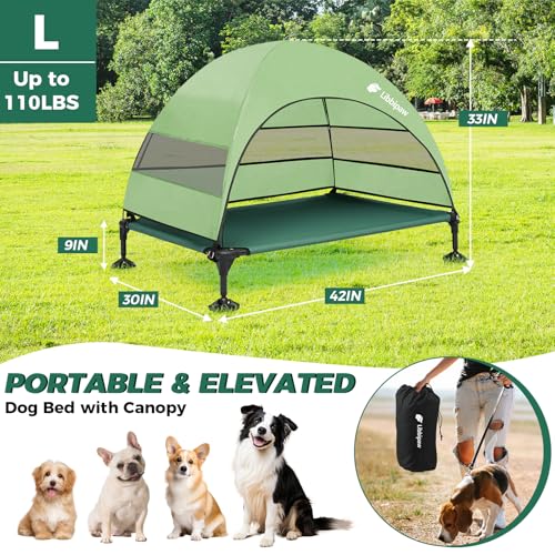 Windproof Elevated Dog Bed with Canopy & Stakes, 3-Sided 90% UV Block, Chew-Proof Teslin Mesh Mat for Large Dogs up to 150lbs(Green Large) - color: Green, size: Large