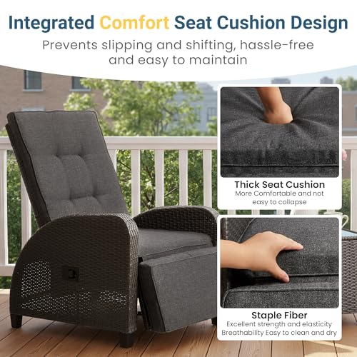 Green4ever Outdoor Patio Recliner with Adjustable Backrest and Footrest, All-Weather Wicker Patio Chair with Side Table, 160° Lay Flat Patio Reclining Lounge Chair for Garden Backyard, Grey - color: Grey, size: 2 Pieces