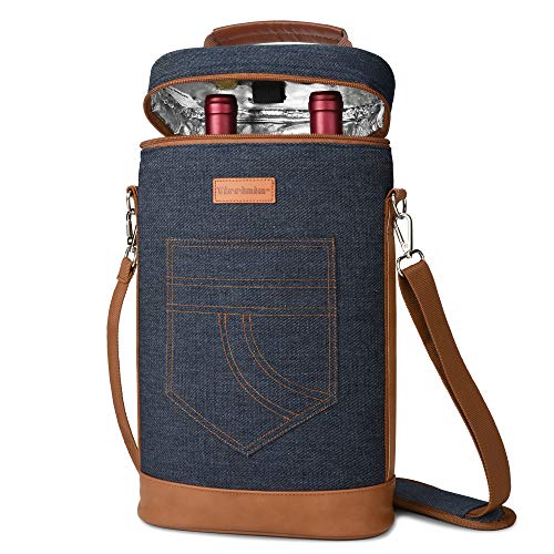 Tirrinia 2 Bottle Wine Gift Tote Carrier - Leakproof & Insulated Padded Versatile Wine Cooler Bag for Travel, BYOB Restaurant, Wine Tasting, Party, Dinner, Gift for Wine Lovers, Dark Blue - color: Blue, size: 2 Bottle-without front pocket