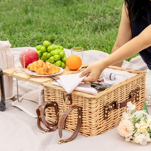 Multifunctional Wicker Picnic Basket Set for 4 Blanket Family Folding Wine Table,Insulated Portable Extra Big Storage Capacity Natural Woven Rattan Canasta De Full Tablewares Camping Outdoor Flowers - color: Nature