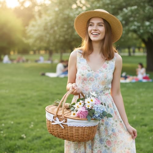 Wicker Picnic Basket with Lid and Handle 15" Sturdy Woven Body with Washable Lining for Easter,Mother's Day,Outdoor Camping,Not Dyed - color: Solid