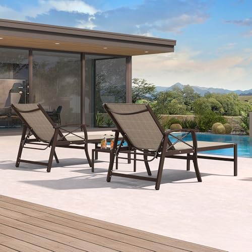 PURPLE LEAF Outdoor Oversized Chaise Lounge Chair Set of 3 Patio Pool Lounger Aluminum Chairs with Side Table and Wheels Adjustable Tanning Recliner with Armrests for Outside Backyard Beach, Khaki - color: Khaki, size: Oversized Upgrade