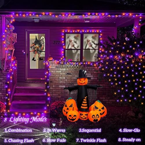 YEGUO Orange and Purple Halloween Lights Outdoor Waterproof, 4 Packs Each 33ft 100 LED Solar Fairy Light,8 Modes Black Wire String Lights - color: Orange and Purple