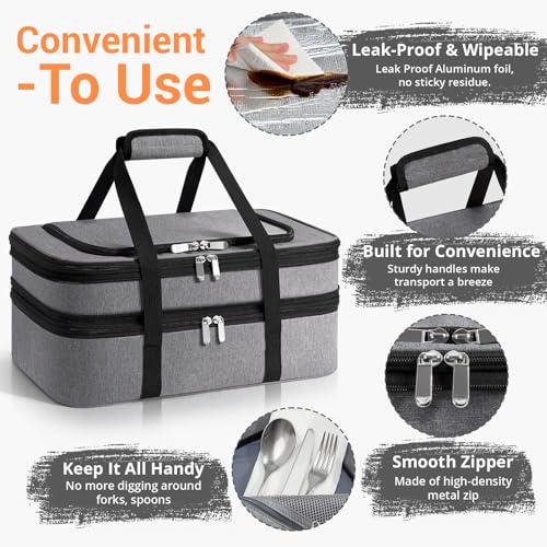 Double Insulated Casserole Carrier - Portable Casserole Carriers for Hot or Cold Food Lunch Tote Warmer or Cooler Bag for Potluck Parties Picnic Cookouts, Fits 9" x 13" Baking Dish - Grey - color: Gray