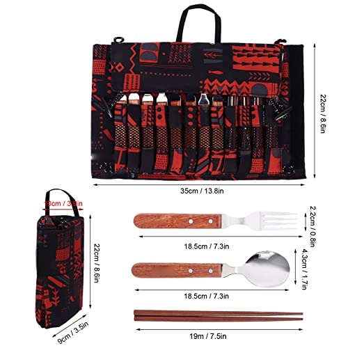 12 Pcs Camping Cutlery Set | 304 Stainless Steel & Wooden Handle Tableware | 4 Person Utensils Spoons Chopsticks Set for Picnic/Barbecue/Outdoor Dining | Includes Carry Bag