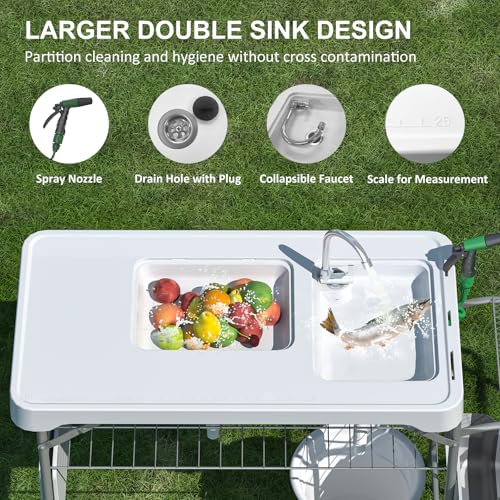 42.5" Fish Cleaning Table with Dual Sink, Portable Folding Camping Table with Foldable Extension Stand, Faucet, Sprayer, Grid Rack, Hose Hook Up & Knife Groove, Outdoor Sink Station for Picnic - style: Fish cleaning table with extension stand