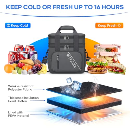RealCool Lunch Bag, Insulated Lunch Box for Men Women, Double Deck Leakproof Soft Cooler Bag with Adjustable Strap, Reusable Lunchbox for Work, Travel, Camping (Grey) - color: Gray