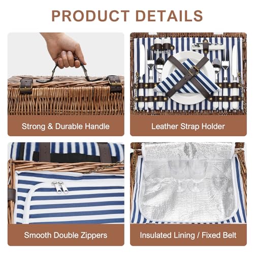 Picnic Basket for 2 Persons - Baskets with Cooler and Picnic Blanket, Classical Wicker Picnic Basket with Waterproof & Sand-Proof Beach Mat,Willow Hamper Service Set - size: 15.43" for 2 Persons with Cooler