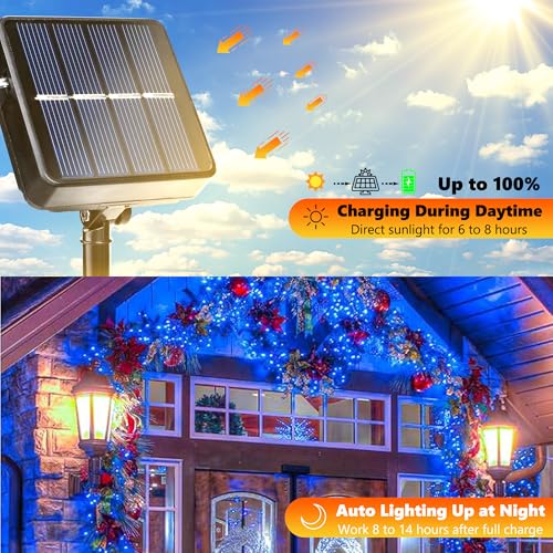 Joomer Solar Christmas String Lights, 39FT 100LED Waterproof Outdoor Lights with 8 Modes Twinkle Fairy Light for Garden, Patio, Yard, Tree and Christmas Decor (Blue) - color: Blue