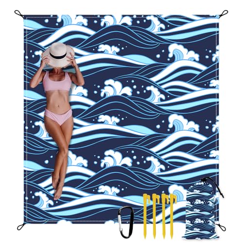 Beach Blanket Waterproof Sandproof Oversized Extra 110" * 118"/ 9 * 10 Ft Sand Free Beach Mat with Stakes, Storage Bag - Essentials for Outdoor Beach, Picnic,Quick Drying Durable - color: Sea Wave, size: 9x10 FT (1～8 Person)