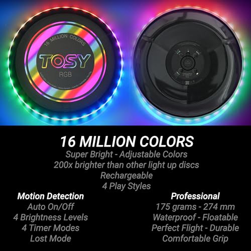 TOSY Flying Disc - 108 RGB Multicolor or 36 Monocolor LEDs, Super Bright, Smart Modes, Easter Basket Stuffers Gift, Camping Toy for Kid/Teen/Adult, Auto Light Up, Rechargeable, Waterproof, 175g - color: Rgb Disc (Multi-color, White Disc)