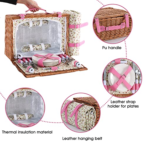 Wicker Picnic Basket for 4 with Waterproof Picnic Blanket and Insulated Cooler, Willow Hamper for Camping, Outdoors, Photoshoot, or a Birthday, Valentine’s Day, Wedding Gift, Pink - color: Pink Flower