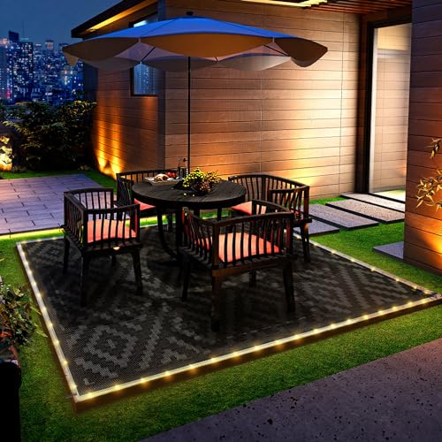 GENIMO Outdoor Rug with LED Strip Lights, 8'x10' Waterproof Camping Mat, Reversible Plastic Straw Rugs for Patio, RV, Camper, Balcony, Backyard, Picnic, Deck, Black & Gray - color: Black&gray | Led, size: 8' x 10' (Rectangular)