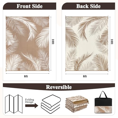 Pauwer Waterproof Outdoor Rug 8x10, Reversible Plastic Straw Patio Camping Rug, Indoor Outdoor RV Mat Carpet for Deck, Camper, Porch, Balcony, Backyard, Picnic, Leaf Brown - color: Leaf Brown, size: 8' x 10' (Rectangular)