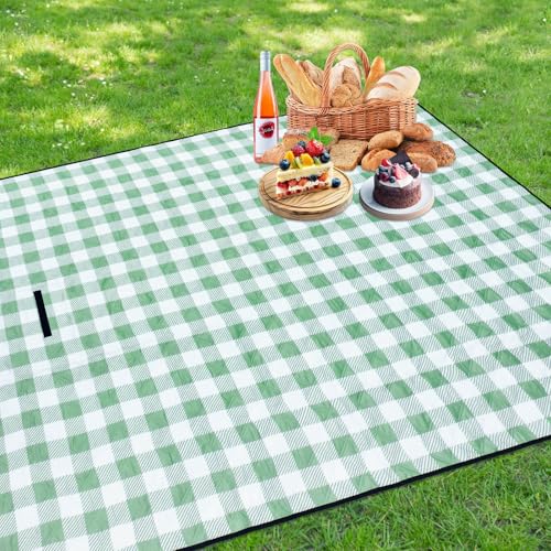 Large Cute Gingham Picnic Blanket Outdoor Camping Picnic Mat Foldable Waterproof Sand Proof Beach Blanket 77"X58" Portable Rug for Picnics Beach Lawn Grass Hiking Concerts Tent Play Mat, Green & White - color: Green & White Gingham