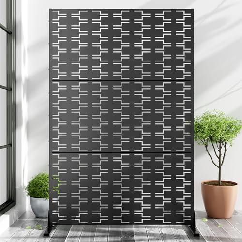 Casaphoria 72" H x 47" W Metal Outdoor Privacy Screen, Freestanding Decorative Divider for Patio, Deck, Balcony, and Garden with Stable Base, Black Brick - color: Black-brick