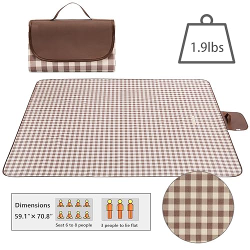 Wind Tour Waterproof Picnic Blanket with Carry Strap - Foldable Sandproof Outdoor Mat for Camping, Beach, Park - 59" x 71",Coffee Grid (Single Mat) - color: 59” X 71“,coffee Grid (Single Mat)