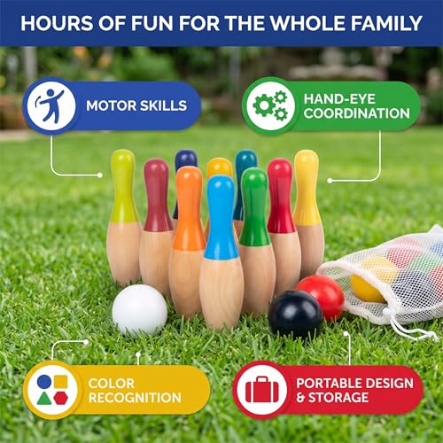 Lawn Bowling Games Wooden Backyard Yard Game Set with 10 Pins 3 Balls and Mesh Bag for Kids Adults Indoor Outdoor