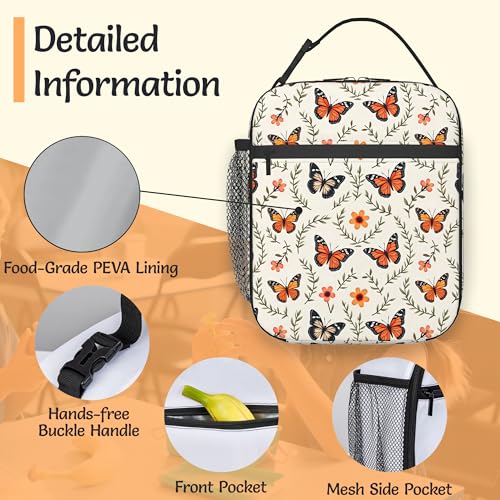 Butterflies Lunch Box for Men,Retro Flowers Leaves Lightweight Reusable Lunch Bag for Girls Boys,Portable Insulated Small Cooler Bag for Picnic,Travel,School,Office - color: Butterflies