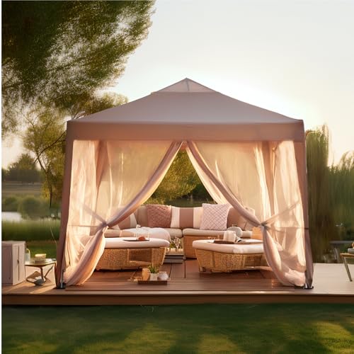 PHI VILLA 10 x 10 Pop Up Canopy Tent with Netting, Instant Gazebo, Ez up Screen House Room with Carry Bag, Height Adjustable, for Outdoor, Garden, Patio,Brown - color: Brown, size: 10x10 with Netting