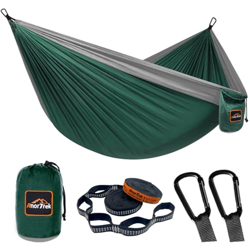AnorTrek Camping Hammock, Super Lightweight Portable Parachute Hammock with Two Tree Straps Single or Double Nylon Travel Tree Hammocks for Camping Backpacking Hiking - color: Dark Green&light Grey, size: Single 110''L x 55''W