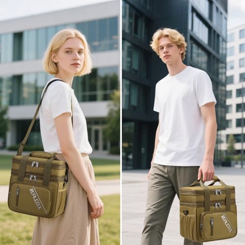 RealCool Lunch Bag, Insulated Lunch Box for Men Women, Double Deck Leakproof Soft Cooler Bag with Adjustable Strap, Reusable Lunchbox for Work, Travel, Camping (Khaki) - color: Khaki
