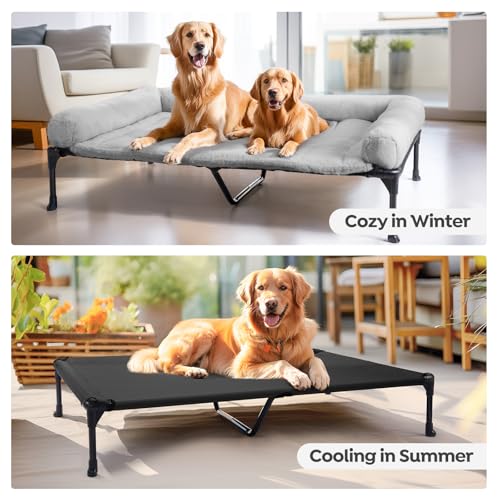 Veehoo Orthopedic Elevated Dog Bed with Fluffy Plush Bolster Cushion, Indoor Raised Dog Beds for Large Dogs, Soft Pet Sofa Cot with Removable Washable Mat, No-Slip Feet, 49 x 33 inches, Grey - color: Grey, size: 49.0"L x 33.0"W x 9.0"Th
