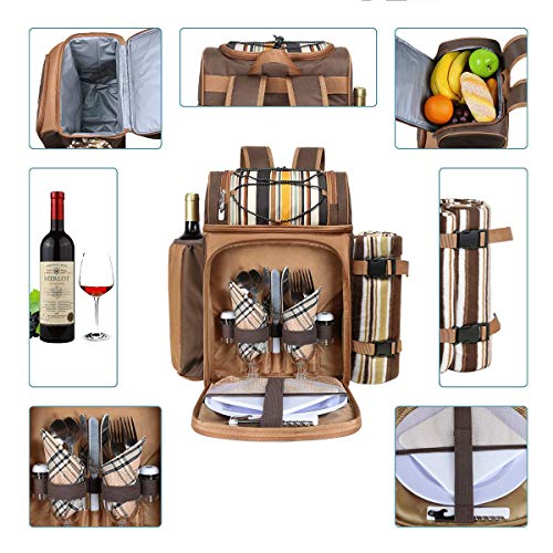 Hap Tim Picnic Basket Backpack for 2 Person with 2 Insulated Cooler Compartment, Wine Holder, Fleece Blanket, Cutlery Set, Wedding Gifts for Couples, Bridal Shower Gifts, Engagement Gifts - color: Brown, size: 2 Person