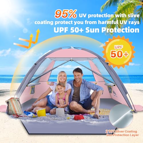 Happy Travel Beach Tent Sun Shelter for 3/4/5/6/7/8 Person, Portable UPF 50+ UV Protection Beach Shade Canopy for Family & Baby, Lightweight & Easy Setup Beach Cabana with 3 Ventilation Mesh Windows - color: Pink, size: 3 Person