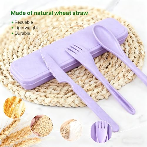 Utensil set Travel Silverware with Case, 2 Sets Reusable Utensils Set with Case, Wheat Straw Utensils for Lunch Box Accessories, Camping Utensils for Work Lunch or Daily Use (Purple) - color: Purple