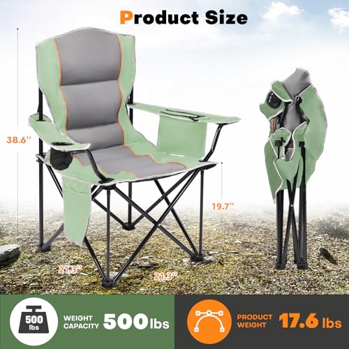 XMT Premium Padded Folding Chair, Extra Wide & Heavy Duty 450lbs Capacity, Portable Camping Chair with Insulated Cooler, Cup Holder & Storage, Compact Foldable for Outdoor, Beach, Picnics - color: 03-green